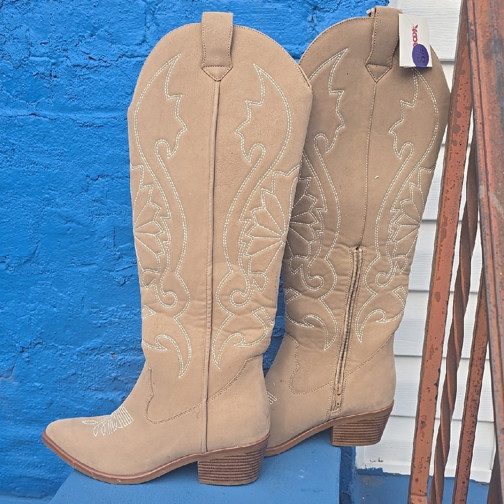 MIA Beige Embroidered Heeled Boots - Picture 2 of 5